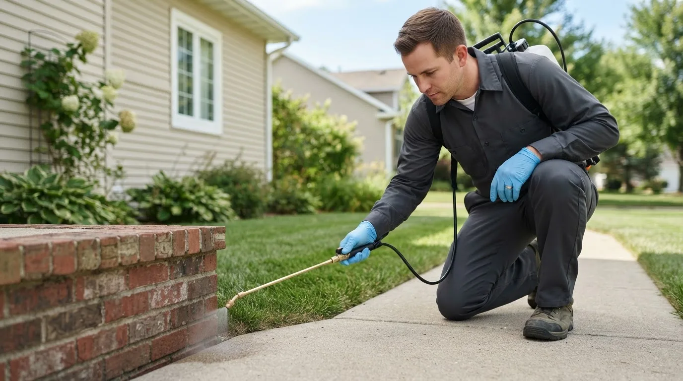 Pest control technician treating a home near North Sutton, NH