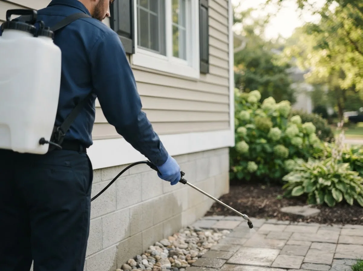 Pest control technician inspecting a home in North Sutton, NH